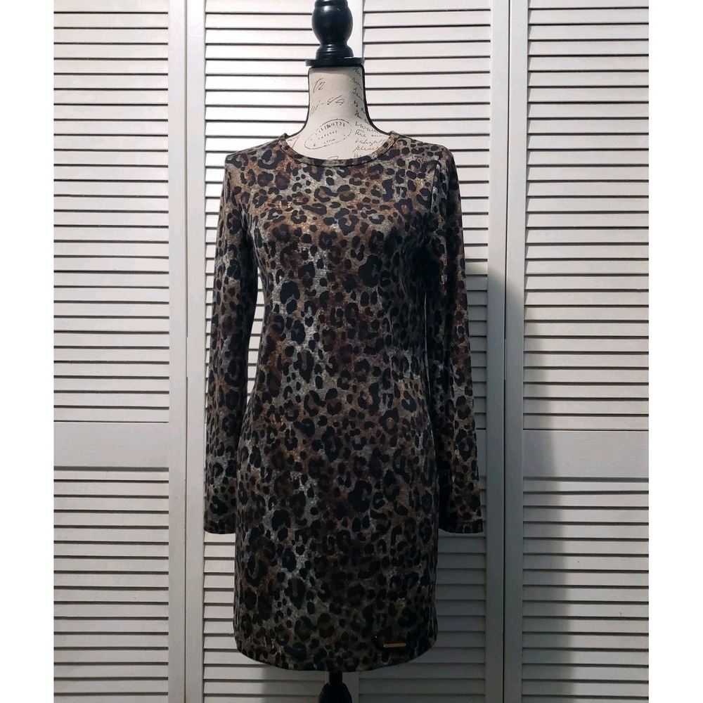 Michael Kors Leopard Animal Print Dress Womens Small Brown Gray Long Sleeve Mini